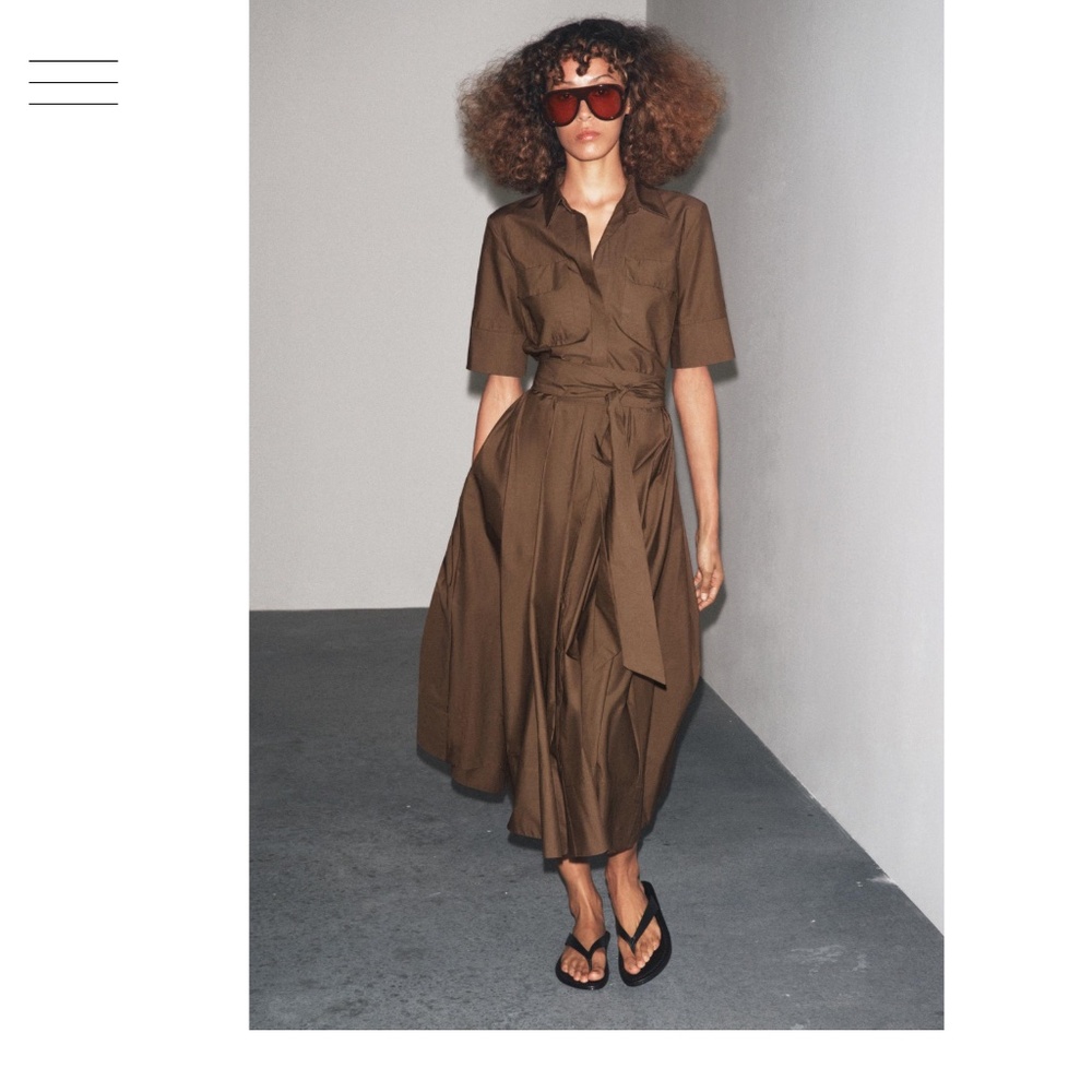 Zara 100% Cotton EUC Chocolate Brown Midi Dress with Pockets Hidden Buttons XS